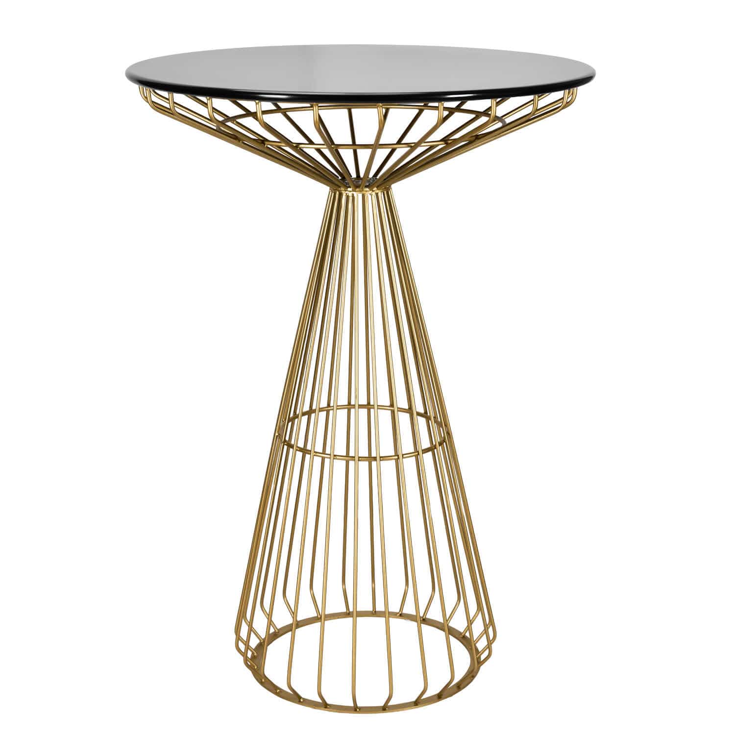 Gold Wire Cocktail Table with 32″ Black Top and Polished Gold Steel Frame | Rental
