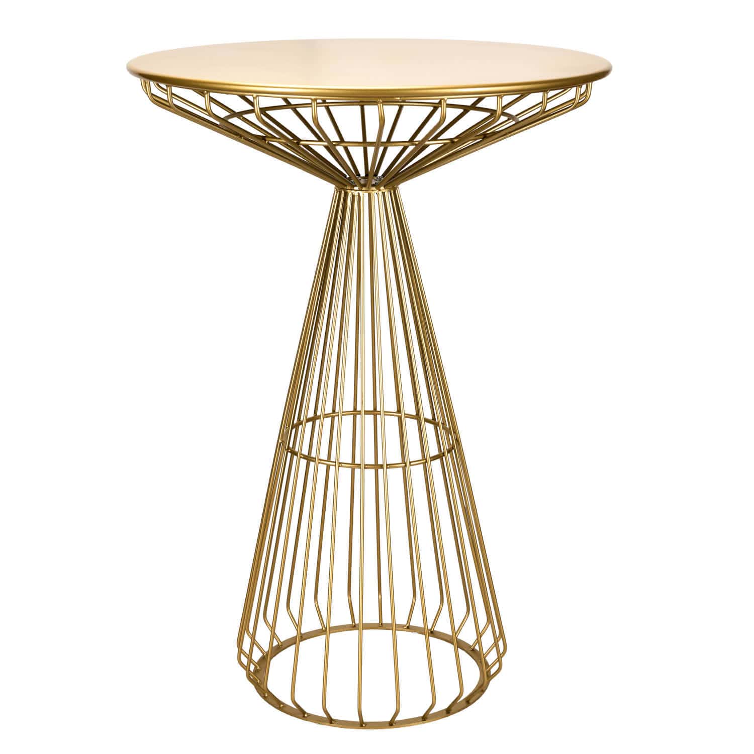 Gold Wire Cocktail Table with 32” Round Gold Top and Elegant Gold Steel Base | Rental Gold Wire Cocktail Table with 32” Round Gold Top and Elegant Gold Steel Base | Rental