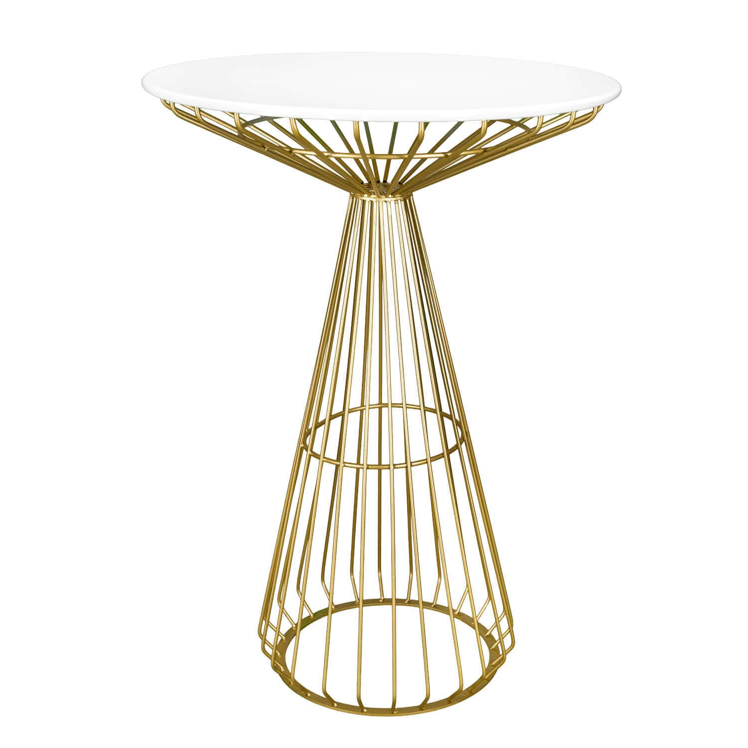 Gold Wire Cocktail Table with 32″ Round White Top and Durable Gold Steel Frame | Rental Gold Wire Cocktail Table with 32″ Round White Top and Durable Gold Steel Frame | Rental