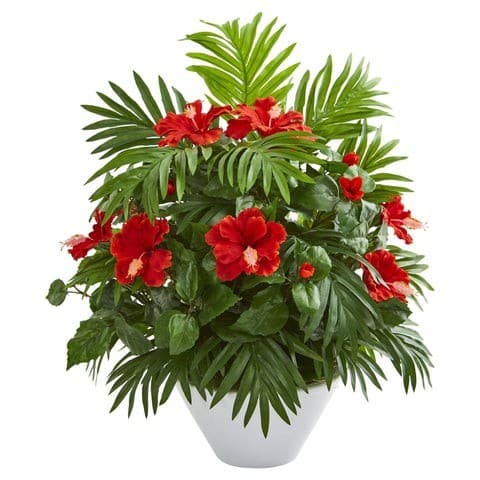 Hibiscus and Areca Palm Artificial Plant in White Bowl | Rental Hibiscus and Areca Palm Artificial Plant in White Bowl | Rental