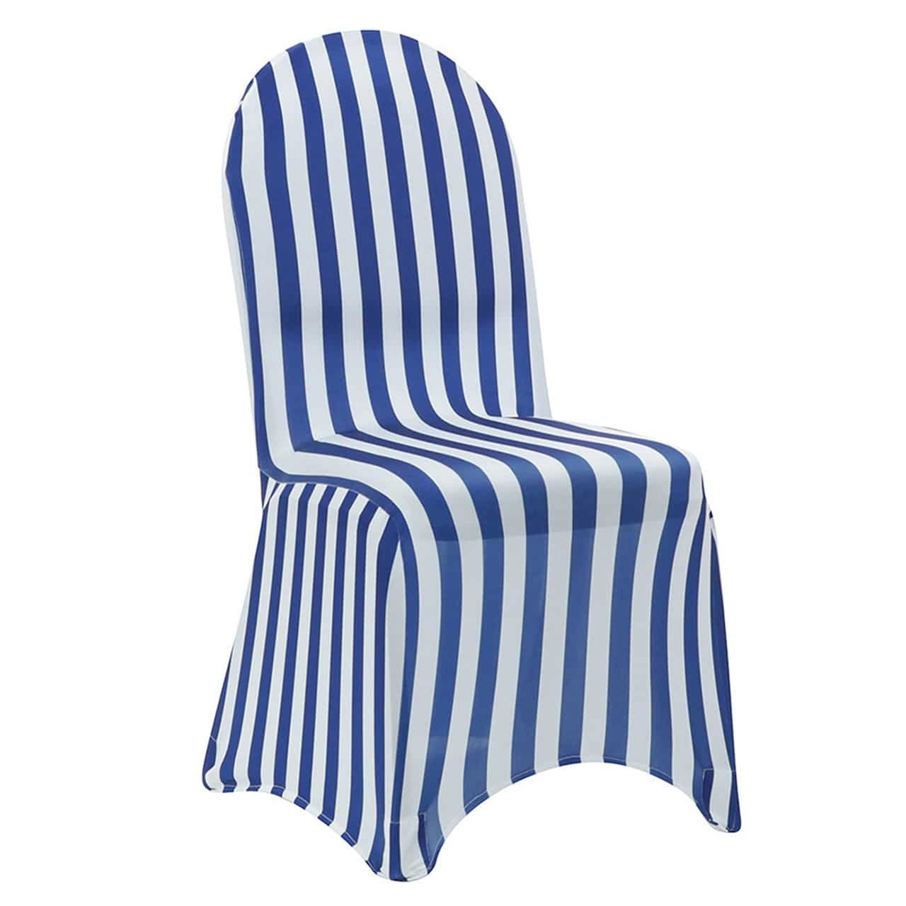 Stretch Spandex Banquet Chair Cover Striped White and Royal Blue | Rental