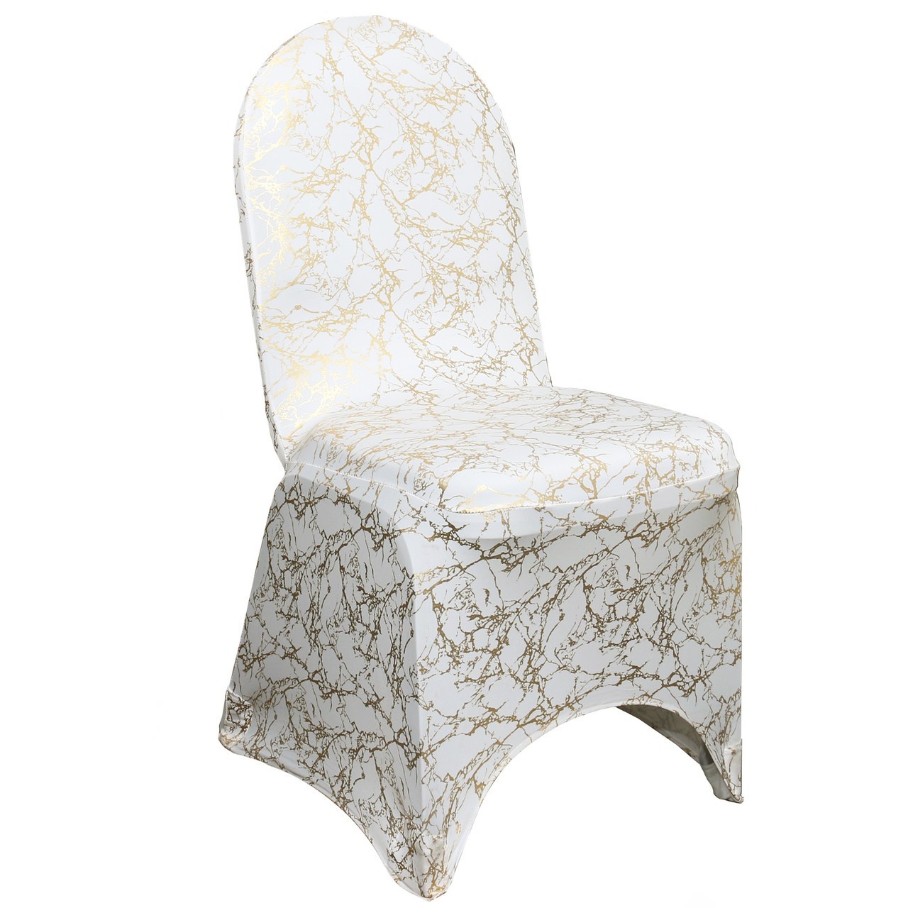 Stretch Spandex Banquet Chair Cover White With Gold Marbling | Rental Stretch Spandex Banquet Chair Cover White With Gold Marbling | Rental