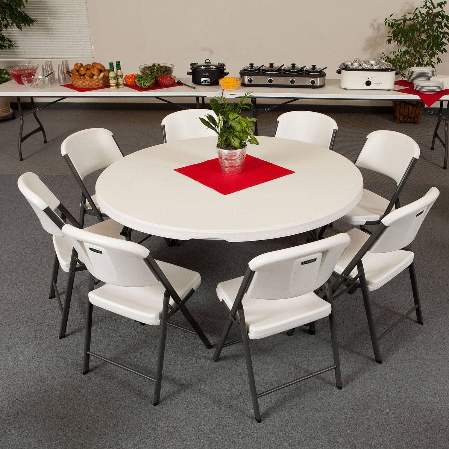 Package – (4) 60″ Tables, (2) 8′ Tables and (48) Folding Chairs, White Granite | Rental Package – (4) 60″ Tables, (2) 8′ Tables and (48) Folding Chairs, White Granite | Rental