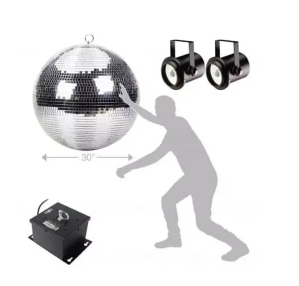 30″ Round Disco Mirror Ball Package – Silver | Rental 30″ Round Disco Mirror Ball Package – Silver | Rental