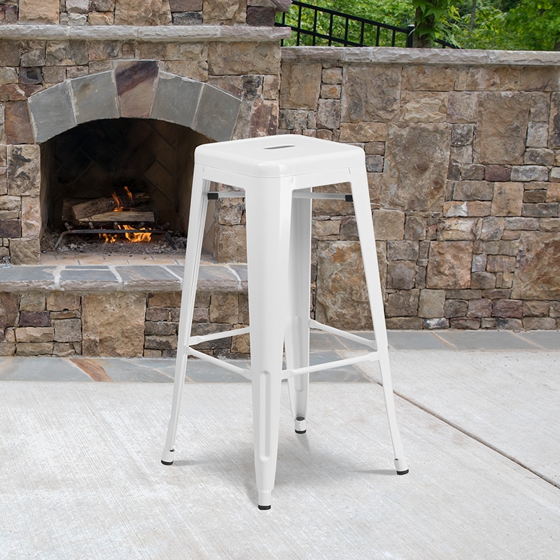 30″ High Backless White Metal Indoor-Outdoor Barstool with Square Seat | Rental