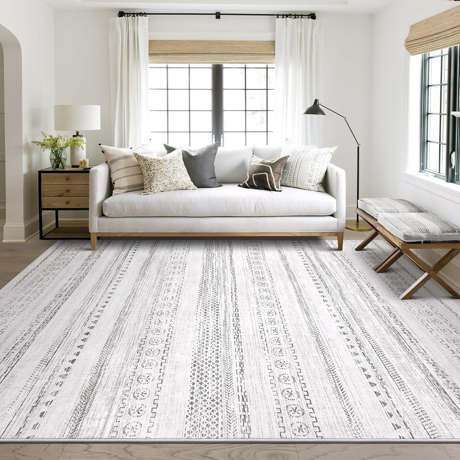 Farmhouse Geometric Bohemian Design Area Rug 5′ x 7′ Gray | Rental