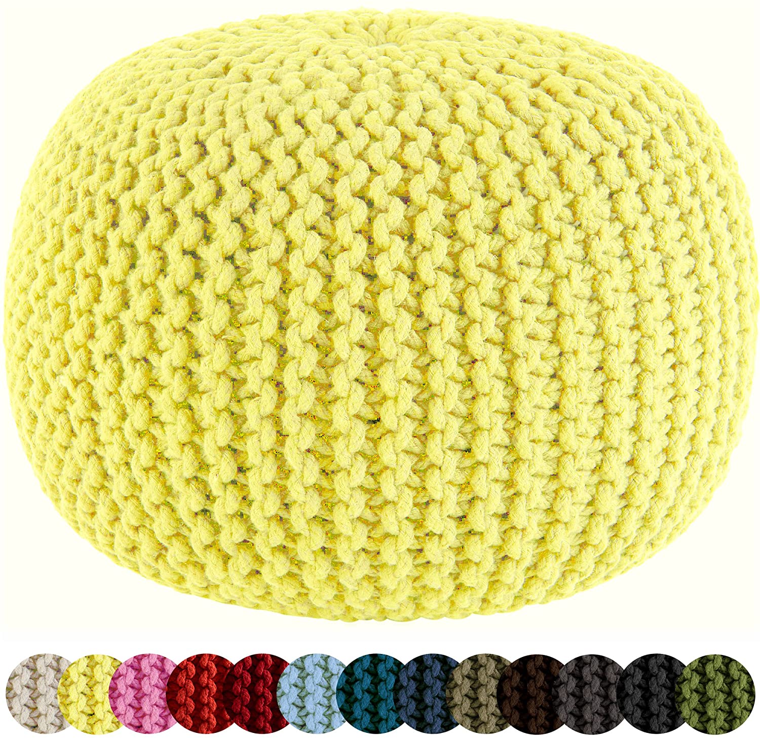 20″ Yellow Hand Knitted Cable Style Dori Pouf – Floor Ottoman | Rental