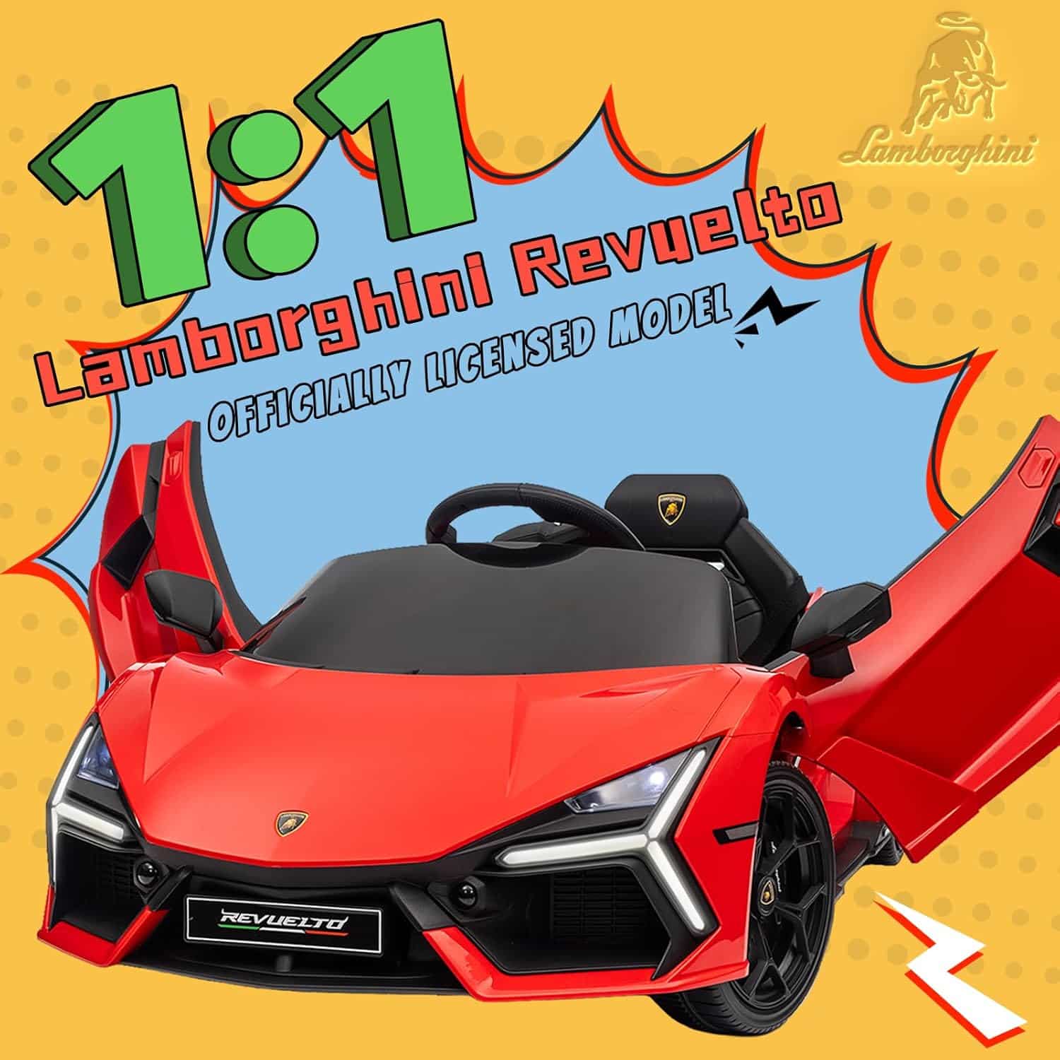 12V Licensed Lamborghini Revuelto Children’s Electric Vehicle, Power Wheels with Parent Remote Control, Kids’ Ride on Sports Car, Hydraulic Doors, LED Lights, MP3，USB, AUX, Bluetooth- Red | Rental