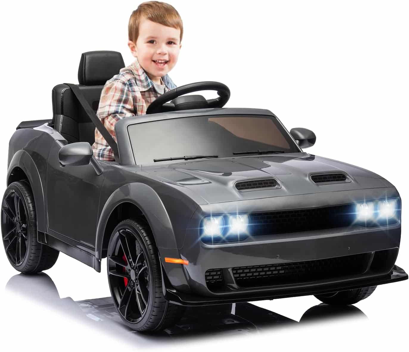 Kids Electric Car | Licensed Dodge Challenger Ride-On 12V Battery-Powered Vehicle with Remote, LED Lights, Bluetooth, MP3 for Boys and Girls, Grey | Rental