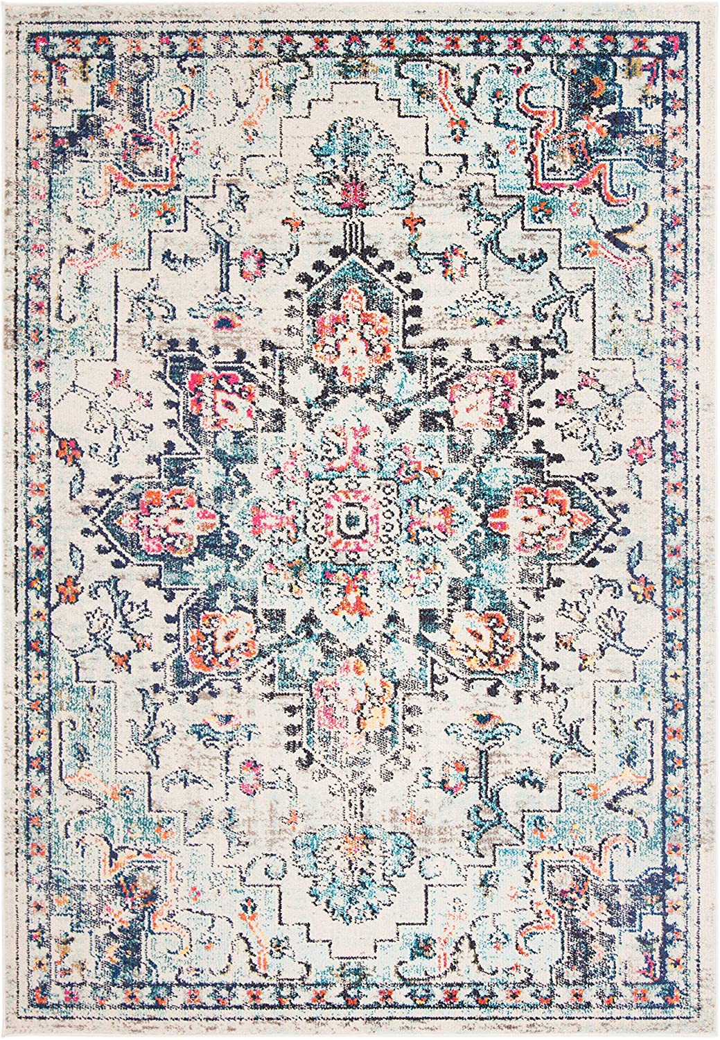 Boho Chic Vintage Distressed Medallion Area Rug | 5′ 3″ x 7′ 6″ | Cream/Blue | Rental Boho Chic Vintage Distressed Medallion Area Rug | 5′ 3″ x 7′ 6″ | Cream/Blue | Rental