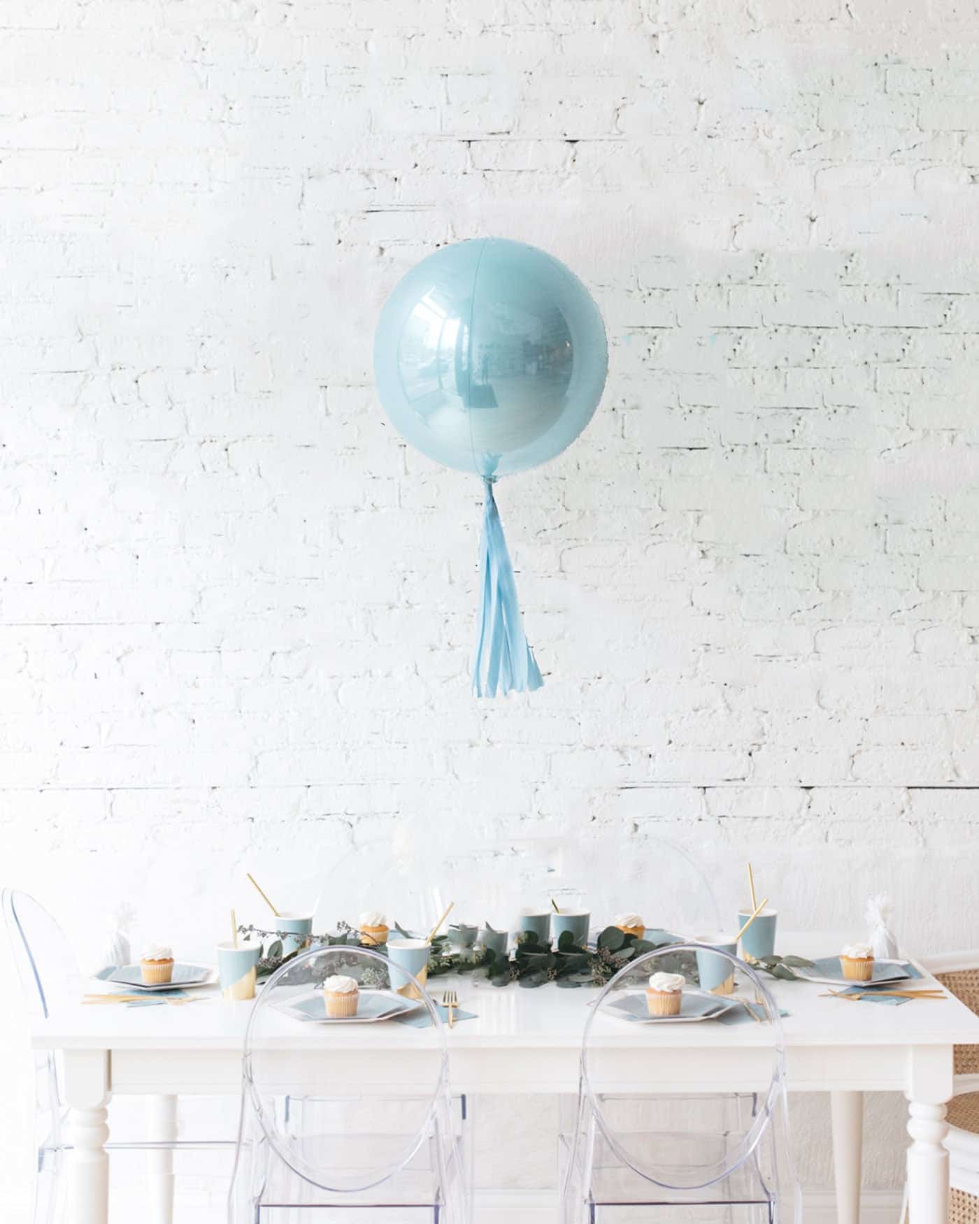 16in Pastel Blue Orb Foil Balloon and French Blue Skirt Centerpiece | Rental 16in Pastel Blue Orb Foil Balloon and French Blue Skirt Centerpiece | Rental
