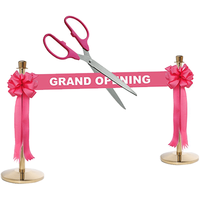 Ribbon Cutting Kit | Grand Opening Ceremony Gloss Pink Ribbon, Scissors, Bows & Stanchions | Rental