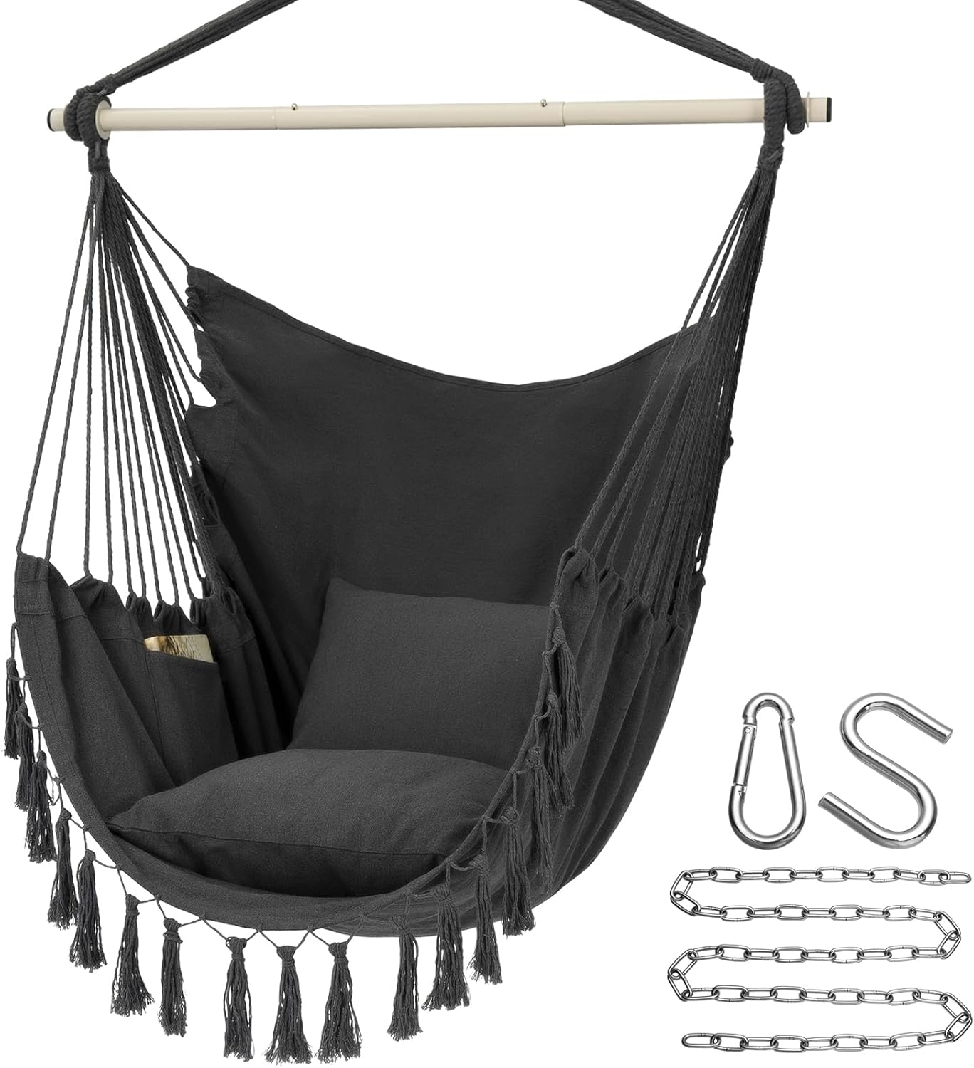 Hammock Chair Hanging Rope Swing, Max 500 Lbs, 2 Cushions Included, Large Macrame Hanging Chair with Pocket, Cotton Weave for Superior Comfort, Durability (Dark Grey) | Rental Hammock Chair Hanging Rope Swing, Max 500 Lbs, 2 Cushions Included, Large Macrame Hanging Chair with Pocket, Cotton Weave for Superior Comfort, Durability (Dark Grey) | Rental