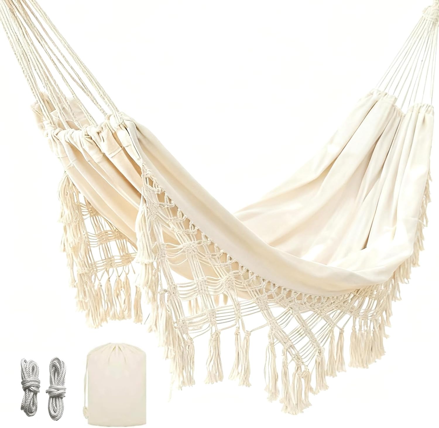 Double Hammock, Macrame Boho Cotton Hammock with Hanging Ropes, Portable for Camping Patio Backyard Indoor Outdoor,485LBS Capacity (Beige) | Rental Double Hammock, Macrame Boho Cotton Hammock with Hanging Ropes, Portable for Camping Patio Backyard Indoor Outdoor,485LBS Capacity (Beige) | Rental