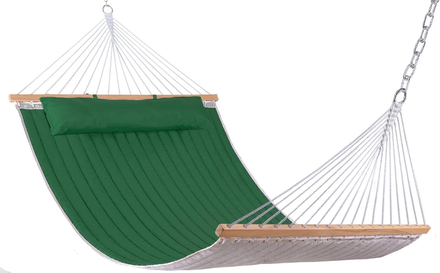 12 FT Double Quilted Fabric Hammock with Spreader Bar and Detachable Pillow, 2 Person Hammock for Outdoor Patio Backyard Poolside, 450 LBS Weight Capacity, Dark Green | Rental 12 FT Double Quilted Fabric Hammock with Spreader Bar and Detachable Pillow, 2 Person Hammock for Outdoor Patio Backyard Poolside, 450 LBS Weight Capacity, Dark Green | Rental