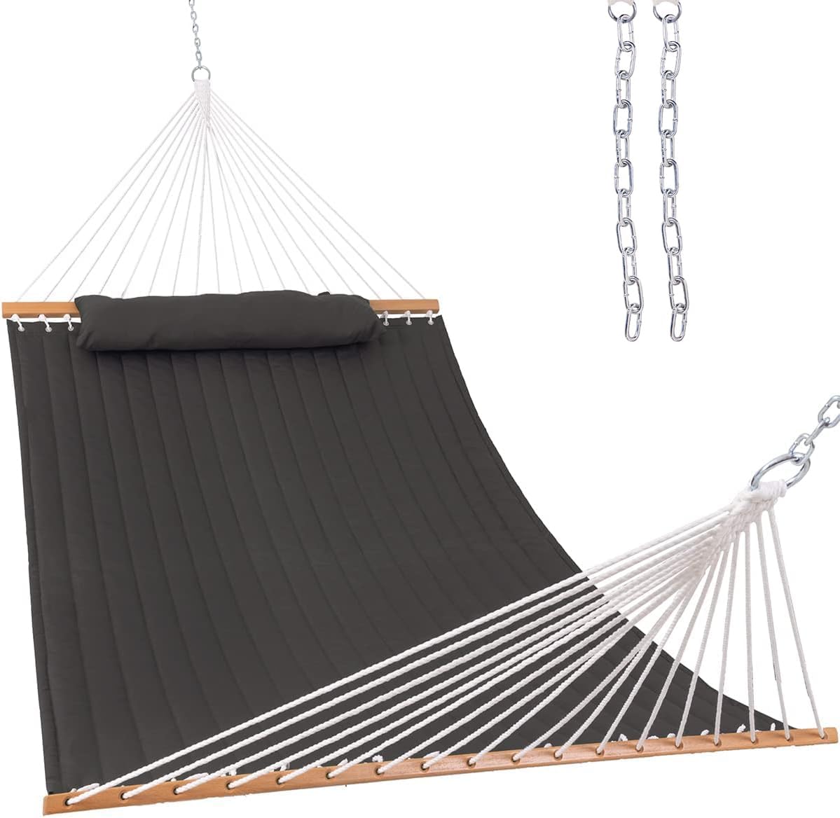 12 FT Double Quilted Fabric Hammock with Spreader Bar and Detachable Pillow, 2 Person Double for Outside Patio Poolside Backyard Beach, 450lbs Capacity, Gray | Rental 12 FT Double Quilted Fabric Hammock with Spreader Bar and Detachable Pillow, 2 Person Double for Outside Patio Poolside Backyard Beach, 450lbs Capacity, Gray | Rental
