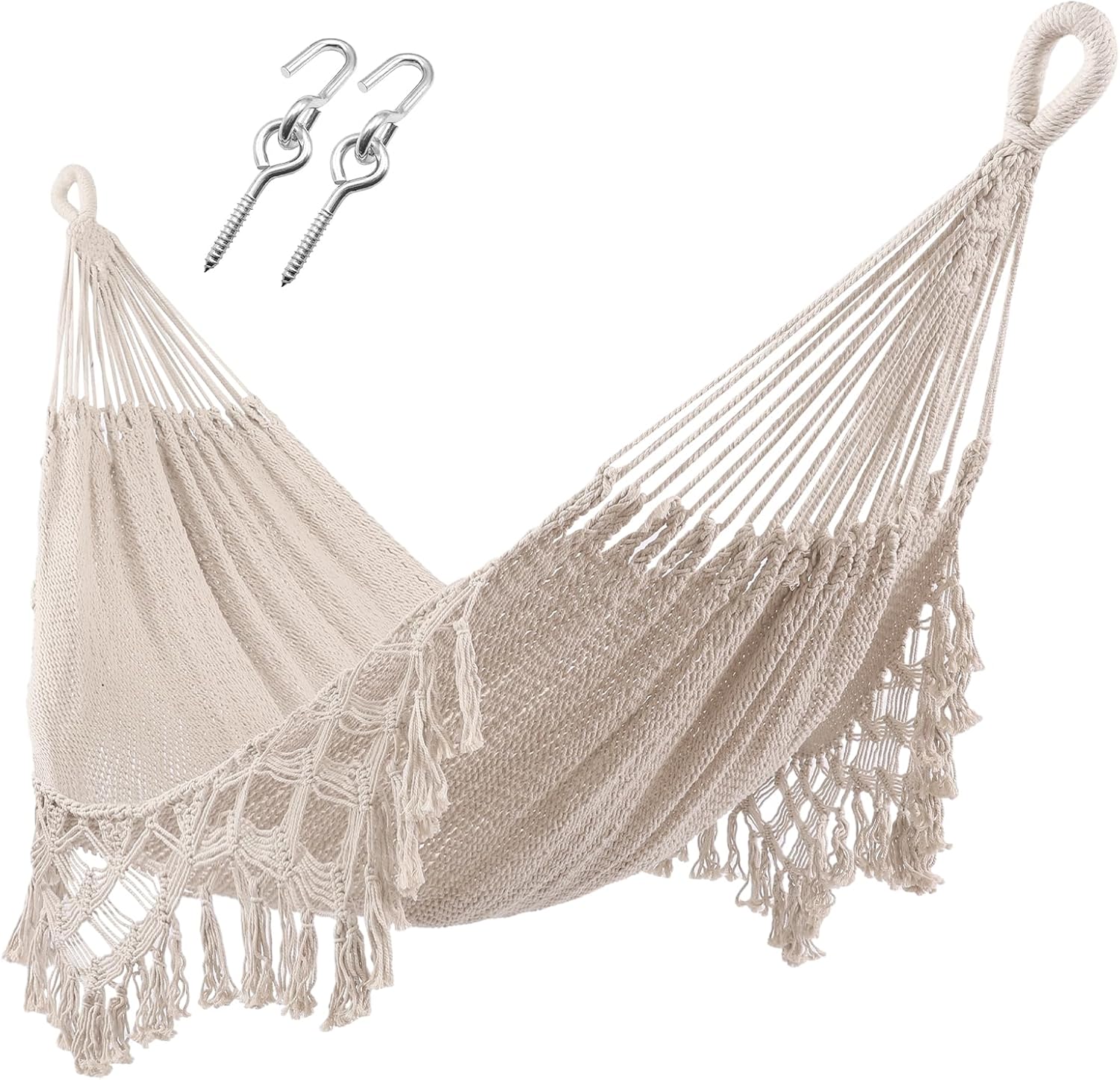 Handwoven Hammock with Tassels by Thick Cotton Rope XL Two Person Hammock for Outside Patio Backyard Garden Beach 550LB Capacity | Rental Handwoven Hammock with Tassels by Thick Cotton Rope XL Two Person Hammock for Outside Patio Backyard Garden Beach 550LB Capacity | Rental