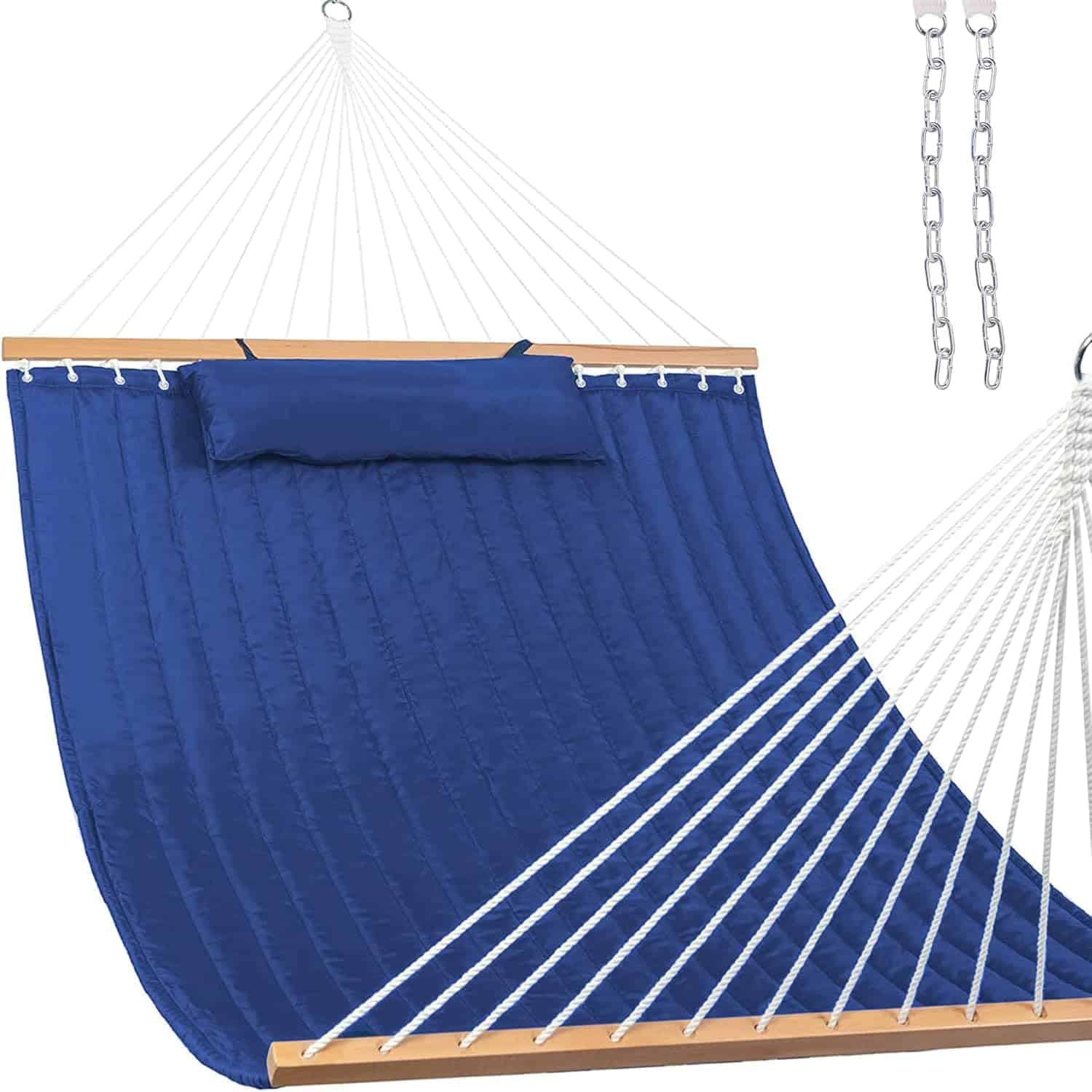 12 FT Double Quilted Fabric Hammock with Spreader Bar and Detachable Pillow, 450lbs Weight Capacity, Navy Blue | Rental 12 FT Double Quilted Fabric Hammock with Spreader Bar and Detachable Pillow, 450lbs Weight Capacity, Navy Blue | Rental