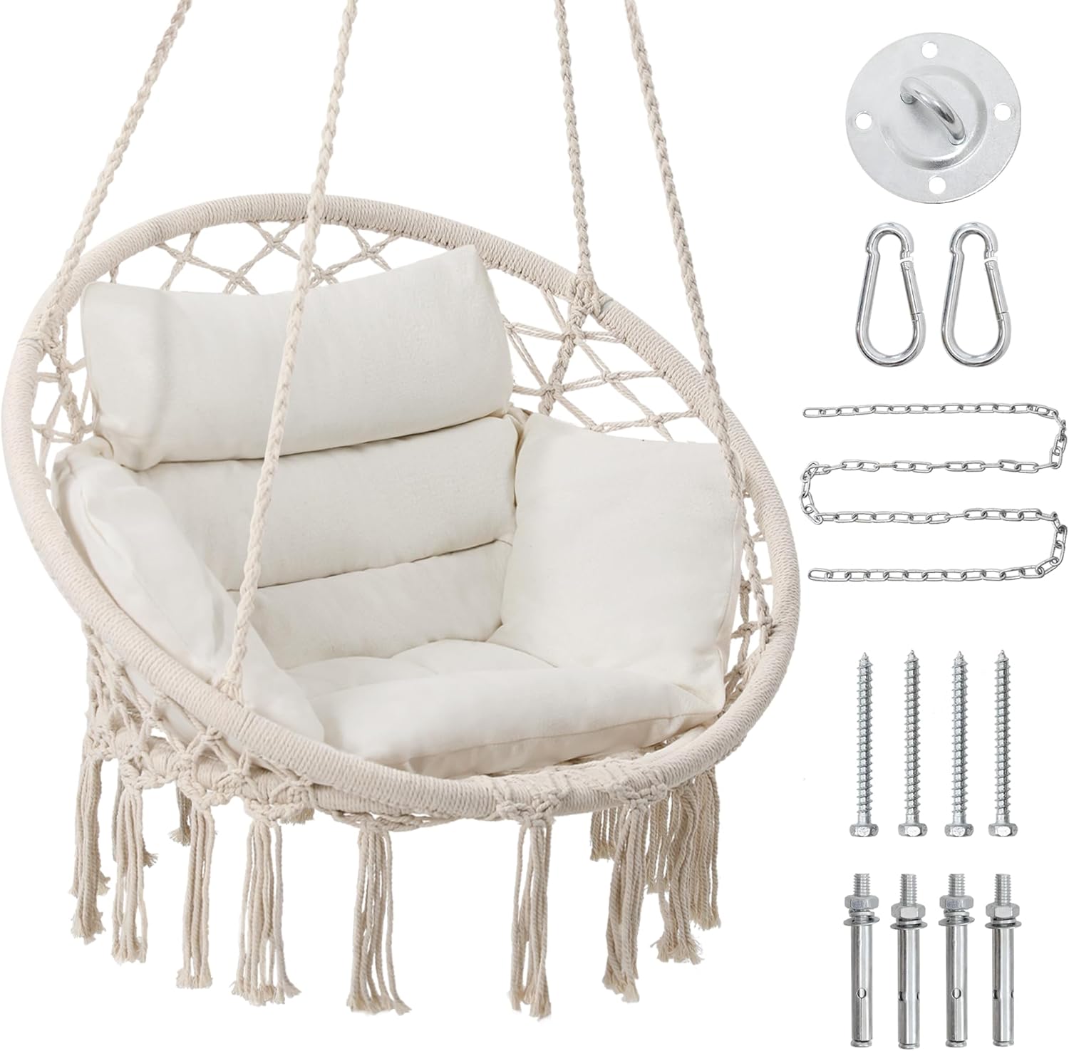 Hammock Chair Swing Chair with Boho Medium Cushion, Macrame Hanging Chair for Bedroom, Indoor, Outdoor, Balcony, Porch, Beige | Rental Hammock Chair Swing Chair with Boho Medium Cushion, Macrame Hanging Chair for Bedroom, Indoor, Outdoor, Balcony, Porch, Beige | Rental