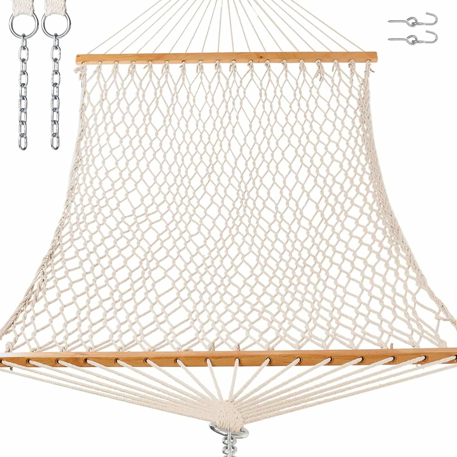 12ft Double Hammocks for Outside, Handwoven Traditional Cotton Rope 2 Person Hammock with Hardwood Spreader Bar, Chains & Hooks for Indoor Outdoor, Max 450 lbs Capacity (Natural Beige, Medium) | Rental 12ft Double Hammocks for Outside, Handwoven Traditional Cotton Rope 2 Person Hammock with Hardwood Spreader Bar, Chains & Hooks for Indoor Outdoor, Max 450 lbs Capacity (Natural Beige, Medium) | Rental