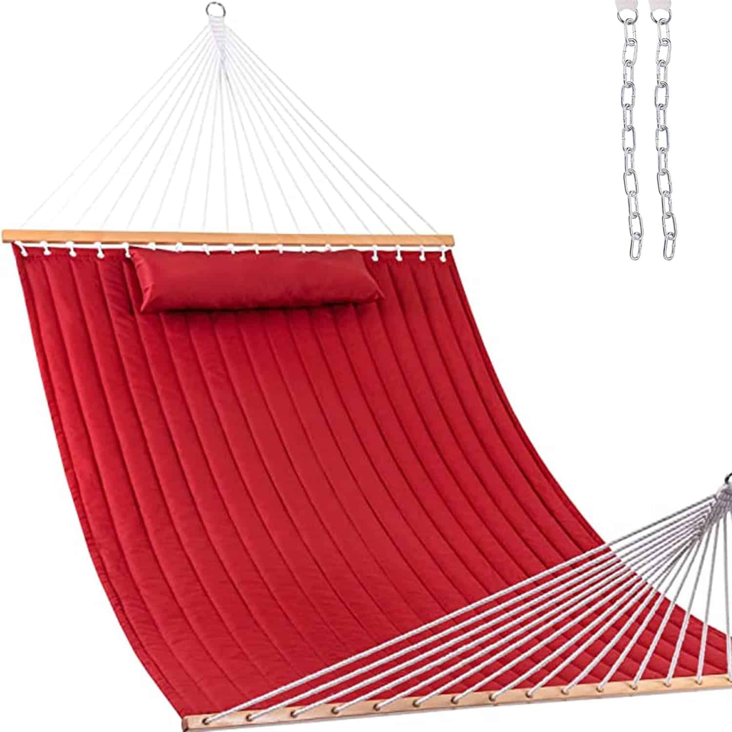 12 FT Double Quilted Fabric Hammock with Spreader Bar and Detachable Pillow, 2 Person Hammock, 450lbs Weight Capacity, Burgundy | Rental 12 FT Double Quilted Fabric Hammock with Spreader Bar and Detachable Pillow, 2 Person Hammock, 450lbs Weight Capacity, Burgundy | Rental