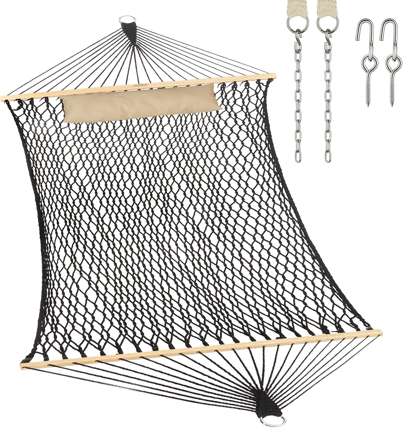 Traditional Rope Double Hammock – Hand Woven Cotton Hammock with Hardwood Spreader Bar and Pillow 450lb Capacity for Outdoor Indoor Patio Yard – Black | Rental Traditional Rope Double Hammock – Hand Woven Cotton Hammock with Hardwood Spreader Bar and Pillow 450lb Capacity for Outdoor Indoor Patio Yard – Black | Rental