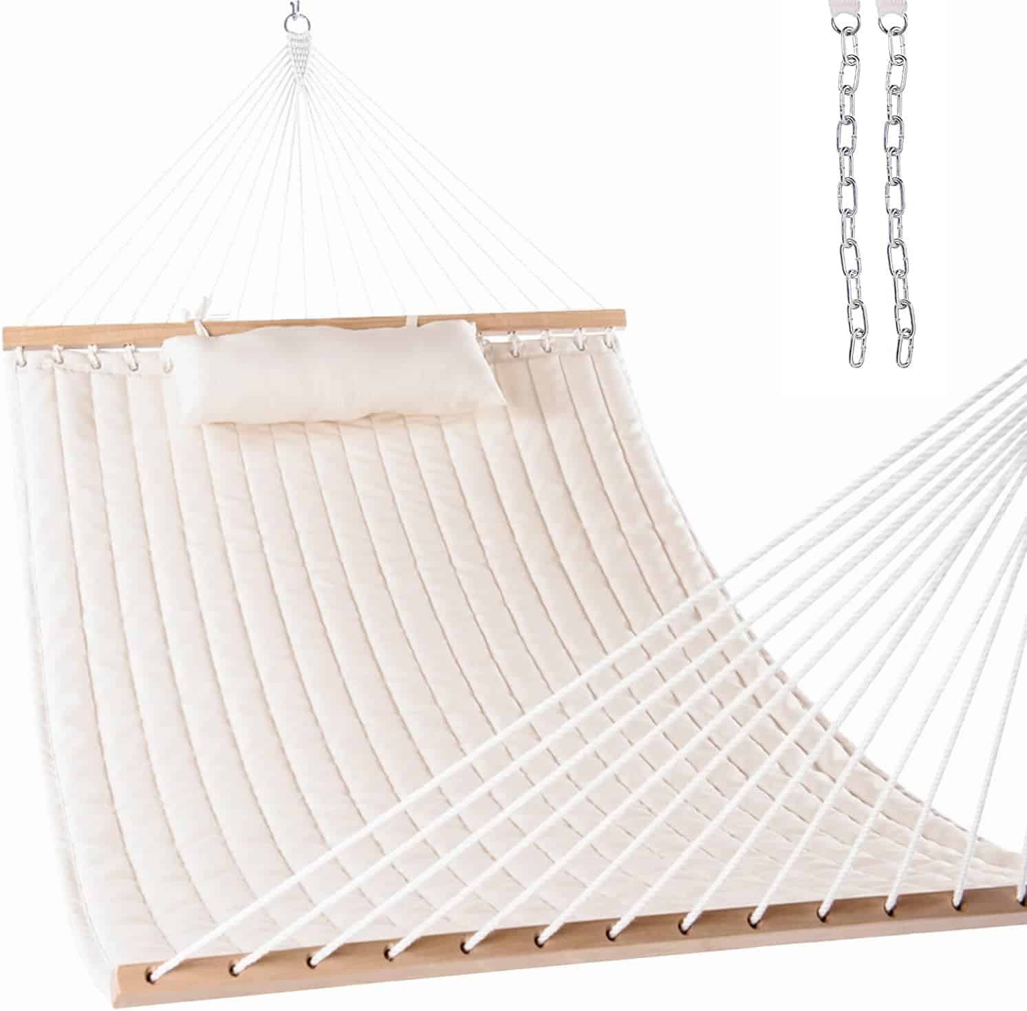 12 FT Double Quilted Fabric Hammock with Spreader Bar and Detachable Pillow, 2 Person Hammock for Outdoor Patio Backyard Poolside, 450lbs Weight Capacity, Natural | Rental 12 FT Double Quilted Fabric Hammock with Spreader Bar and Detachable Pillow, 2 Person Hammock for Outdoor Patio Backyard Poolside, 450lbs Weight Capacity, Natural | Rental