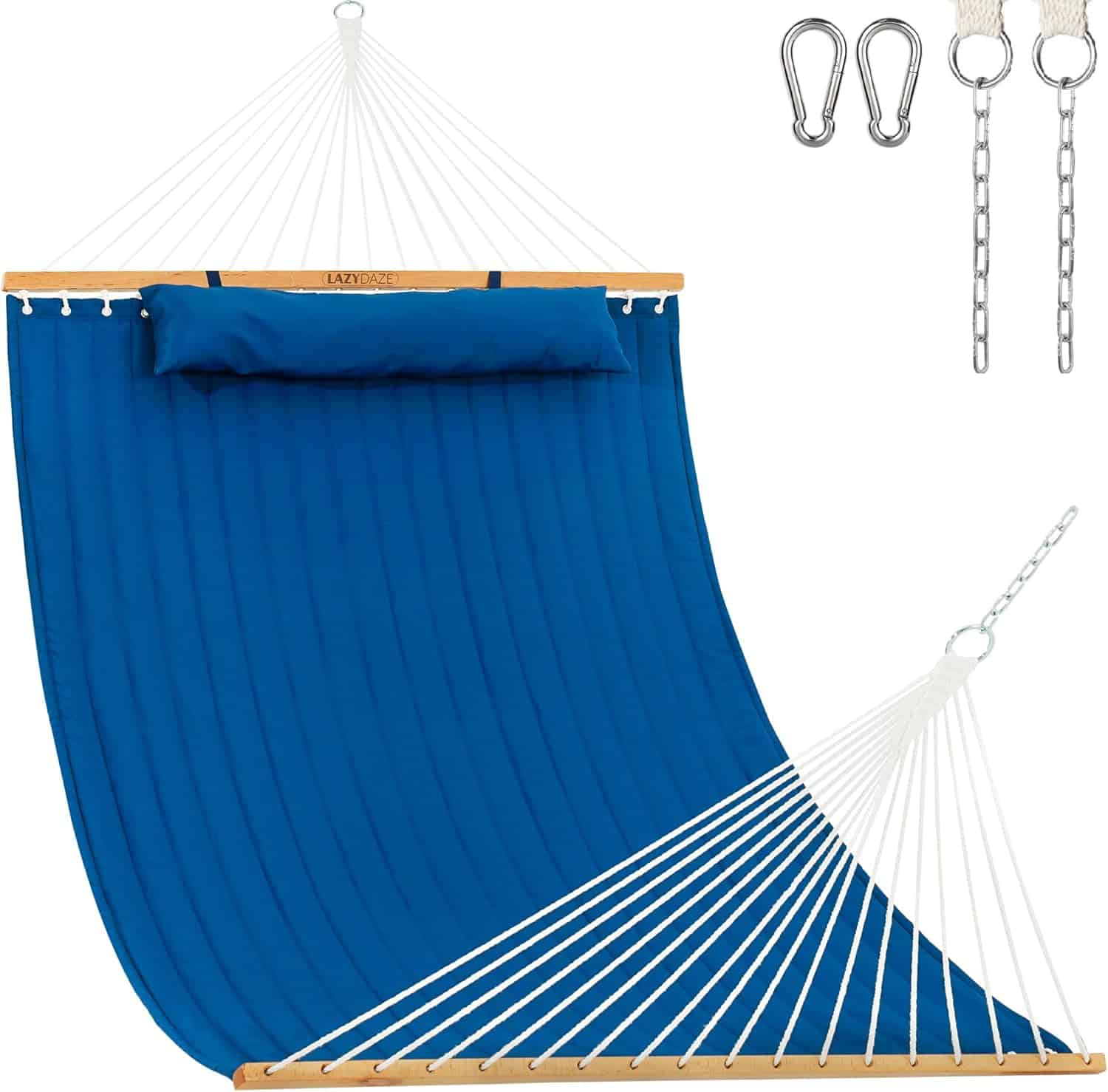 12 FT Double Quilted Fabric Hammock with Spreader Bars and Detachable Pillow, 2 Person Hammock for Outdoor Patio Backyard Poolside, 450 LBS Weight Capacity, Dark Blue/Natural | Rental 12 FT Double Quilted Fabric Hammock with Spreader Bars and Detachable Pillow, 2 Person Hammock for Outdoor Patio Backyard Poolside, 450 LBS Weight Capacity, Dark Blue/Natural | Rental
